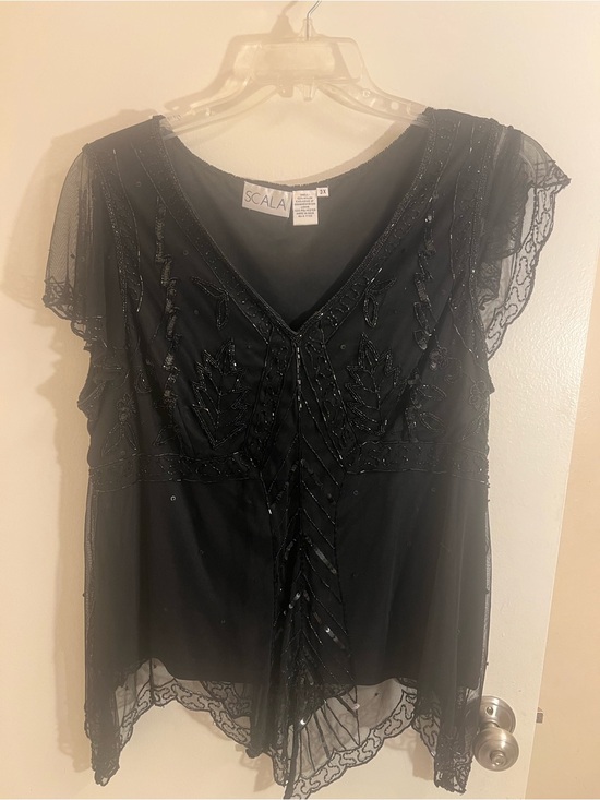 Scala Tops - Scala Black Beaded V-Neck Sheer Overlay Evening Blouse, Size 3x